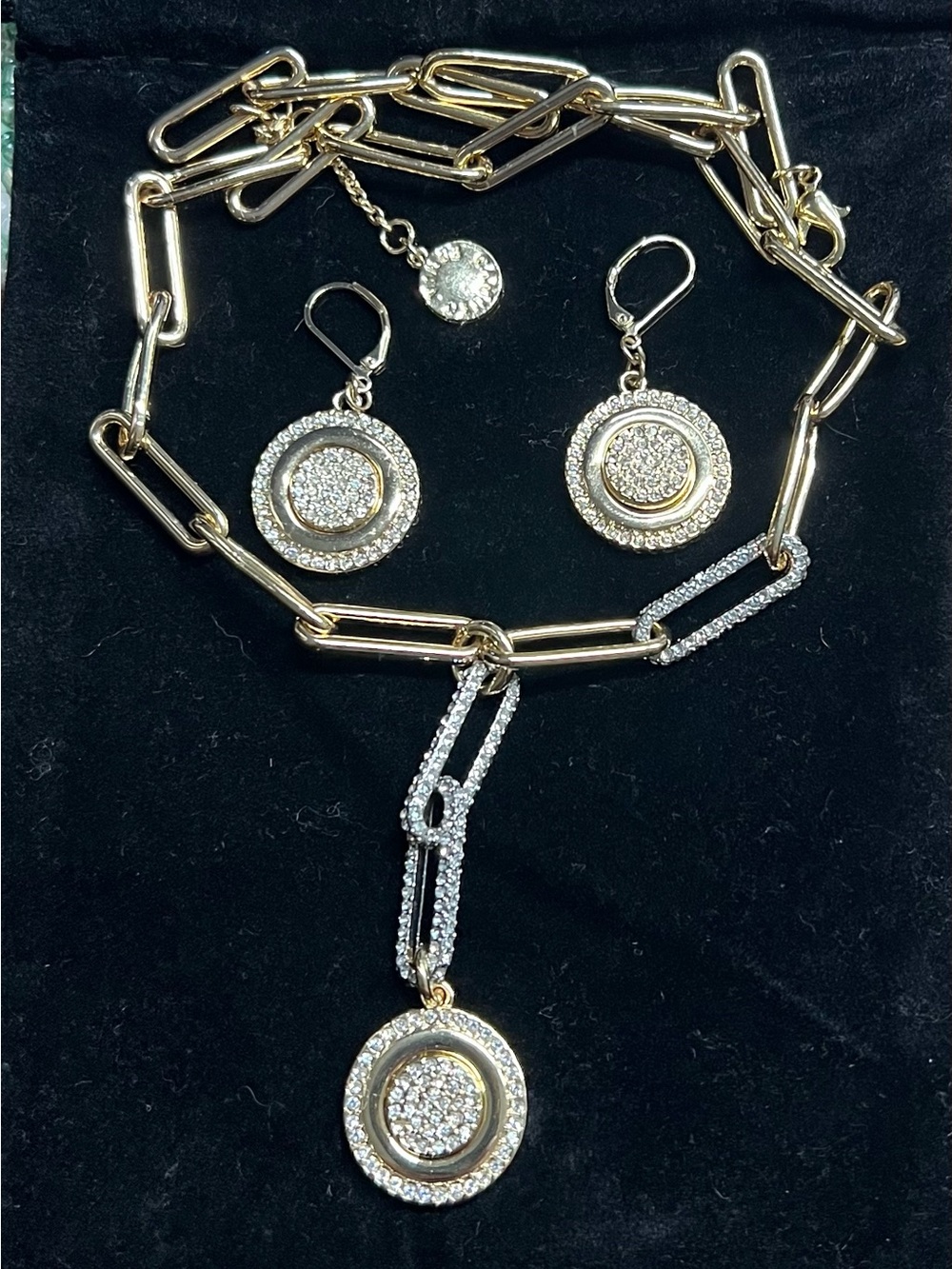 Vince Camuto Gold-Tone Pave Circle Pendant Necklace with Matching Drop Earrings